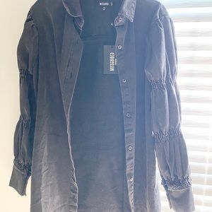 Elasticated puff sleeve denim shirt dress.